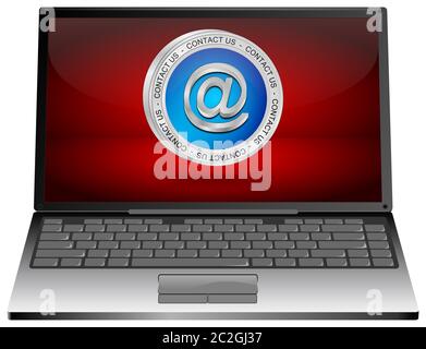 Computer portatile con pulsante blu contattaci sul desktop rosso - illustrazione 3D Foto Stock