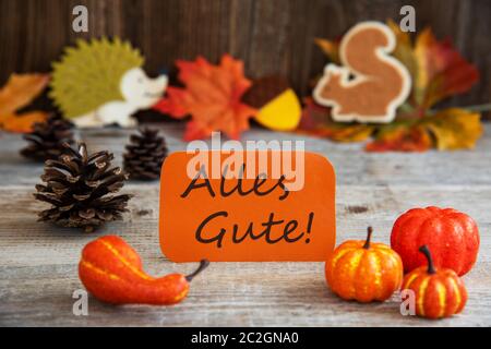 Etichetta arancione con testo tedesco Alles Gute significa migliori auguri. Decorazione autunnale come zucca, Hedgehog e Squirrel Foto Stock