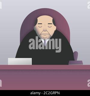 Illustrazione vettoriale di un burocrate assonnato seduto alla scrivania con un mucchio di carte e un grande timbro. Semplice stile piatto, formato quadrato. Tavolozza a freddo. Illustrazione Vettoriale