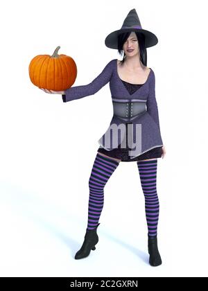 3D rendering di un simpatico pin-up strega vestito in abiti color porpora tenendo la zucca. Sfondo bianco. Foto Stock