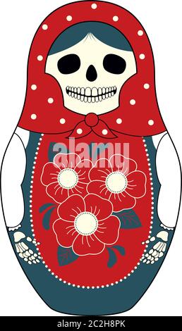 Illustrazione vettoriale di una bambola russa Matryoshka con un cranio invece viso. Colori grigio e rosso, ornamenti tradizionali. Isolato su bianco. Illustrazione Vettoriale