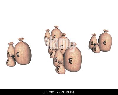 Borse di denaro fatte di iuta in diverse valute Foto Stock