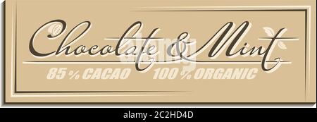 Calligraphic handwritten text Chocolate & Mint with cacao beans and spearmint leaves icon. Concept design of brand name lettering Illustrazione Vettoriale