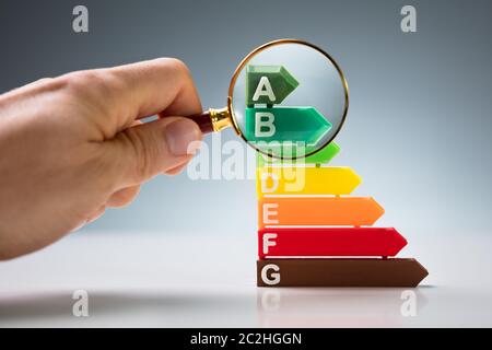 Lente di ingrandimento su Efficienza Energetica a grafico Foto Stock