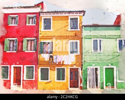 Immagine acquerello di filari di case colorate dipinte a Burano Venezia Foto Stock