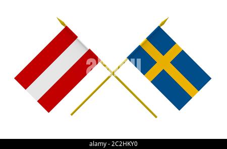 Bandiere di Austria e Svezia, 3d rendering, isolato su bianco Foto Stock