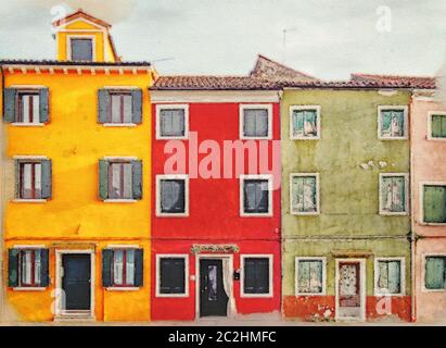 Immagine acquerello di una fila di case colorate e luminose a Burano Venezia Foto Stock