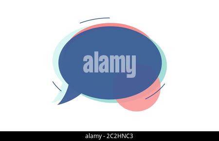 Vettore di un discorso blu sbiadito o bolla di chat o palloncino con forme verdi e arancioni sotto e linee surround. Isolato su sfondo bianco. Illustrazione Vettoriale