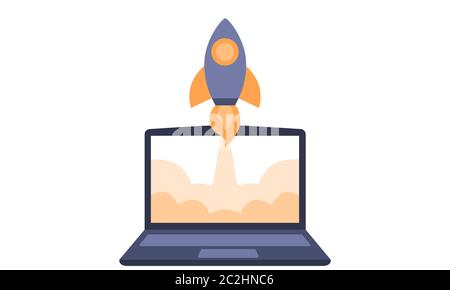 Vettore di lancio razzo con fuoco e fumo da un computer portatile. L'illustrazione mostra un lancio di un sito Web o di un negozio online o un avvio di business o di tecnologia. Illustrazione Vettoriale