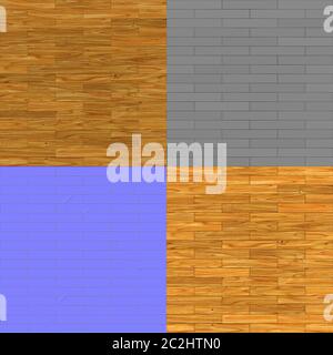 mappa di rilievo con texture in parquet senza cuciture mappa diffusa e mappa normale per rendering 3d Foto Stock