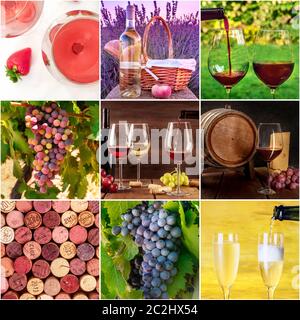 Collage francese di vini. Molte foto di uve, bicchieri da vino, botti, tappi e champagne, un modello di disegno quadrato per un banner, Foto Stock