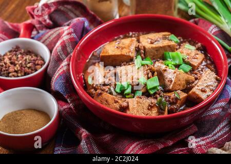 Tofu mapo - piatto tradizionale piccante del sichuan. Cucina cinese Foto Stock