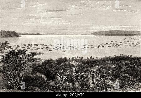 Lago Victoria. Canale Napoleone visto dalle cascate di Ripon. Squadra di Muteesa i di Buganda, Kabaka del Regno di Buganda, che navigò da Usoga in Uganda. Uganda, Africa centrale. Viaggio verso l'Africa inesplorata, il misterioso continente di Henry Morton Stanley. Illustrazione incisa del 19 ° secolo, El Mundo Ilustrado 1880 Foto Stock