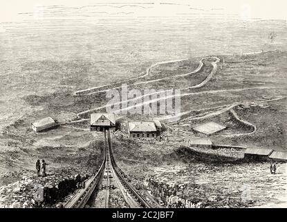 La funicolare del Vesuvio, vista dalla cima del cono vulcanico. Napoli, Italia, Europa. Illustrazione incisa del 19 ° secolo, El Mundo Ilustrado 1880 Foto Stock