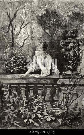 Donna del XIX secolo che legge un libro in un giardino, dipinto dal pittore Johannes Raphael Wehle (1848 - 1936). Illustrazione incisa del 19 ° secolo, El Mundo Ilustrado 1880 Foto Stock