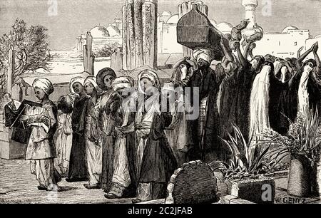 Processione funeraria araba al Cairo, antico Egitto. Illustrazione incisa del 19 ° secolo, El Mundo Ilustrado 1880 Foto Stock