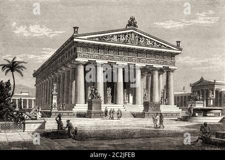 Ricreazione artistica paesaggio panoramico del Tempio di Poseidone, Paestum, Campania, Italia. Civiltà greca, Grecia antica. Illustrazione incisa del 19 ° secolo, El Mundo Ilustrado 1880 Foto Stock