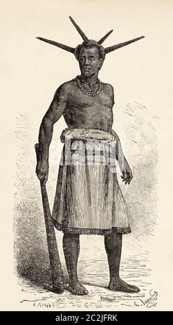 Rua indigeno che visita il territorio di Ujiji. Africa centrale. Viaggio verso l'Africa inesplorata, il misterioso continente di Henry Morton Stanley. Illustrazione incisa del 19 ° secolo, El Mundo Ilustrado 1880 Foto Stock