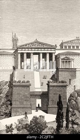 Ricreazione artistica del propylaea, l'ingresso all'Acropoli di Atene, Grecia. V secolo a.C. Illustrazione incisa del 19 ° secolo, El Mundo Ilustrado 1880 Foto Stock