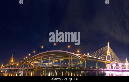 Paesaggio tramonto di Bhumibol Bridge, industriale Ring Road Bridge Panorama della Thailandia Foto Stock