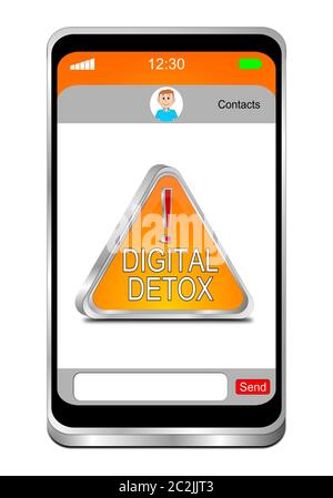 Smartphone con pulsante Detox digitale arancione su sfondo bianco - illustrazione 3D Foto Stock