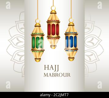 hajj mabrour celebrazione con lanterne dorate appesi disegno vettoriale illustrazione Illustrazione Vettoriale