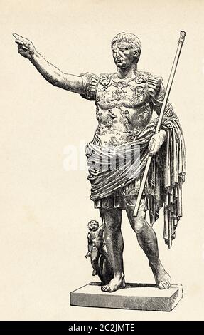 Ritratto dell'imperatore romano Augusto (63 a.C. – 14 d.C.), primo sovrano dell'Impero romano. Italia, Roma antica. Illustrazione incisa del 19 ° secolo, El Mundo Ilustrado 1880 Foto Stock