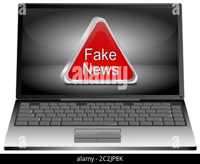 Computer portatile con cartello rosso Fake News sul desktop color argento - illustrazione 3D Foto Stock