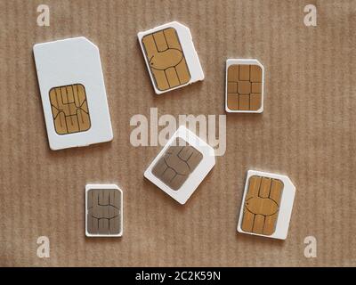 Mini e micro e nano Sims per il telefono cellulare Foto Stock