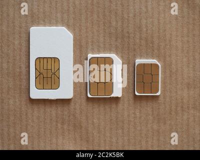Mini e micro e nano Sims per il telefono cellulare Foto Stock