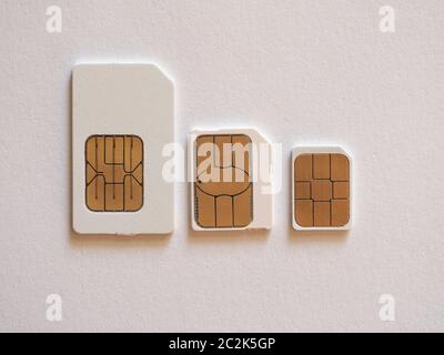 Mini e micro e nano Sims per il telefono cellulare Foto Stock