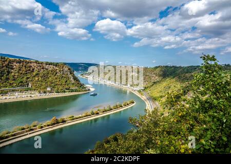 La vista sul fiume Reno dalla famosa lorely hotspot in Germania Foto Stock