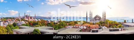 La Moschea Blu, Hagia Sophia e i tetti di Istanbul, bella e soleggiata panorama. Foto Stock