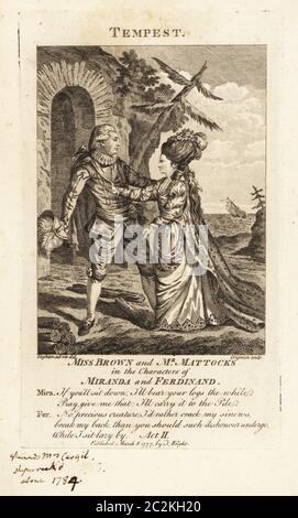 Ann Brown e George Mattocks nei personaggi di Miranda e Ferdinand in una versione operatica di The Tempest di William Shakespeare, Covent Garden Theatre, 1776. George Mattocks è stato un attore, cantante e ballerino, dal 1735 al 1804. Ann Brown, in seguito Ann Cargill, fu una diva lirica britannica che morì nel naufragio della Nancy nel 1784. Incisione su copperplate di Charles Grignion dopo un'illustrazione tratta dalla vita di Robert Dighton pubblicata su The Universal Magazine, J. Wright, Londra, 1777. Foto Stock