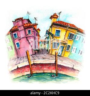 Acquerello abbozzato di case colorate cute sulla famosa isola di Burano, Venezia, Italia. Marcatori creati con immagini Foto Stock