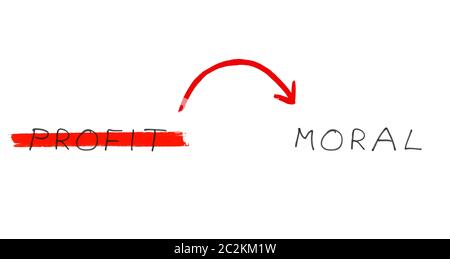 Profitto e morale - testo scritto a mano con freccia su sfondo bianco Foto Stock