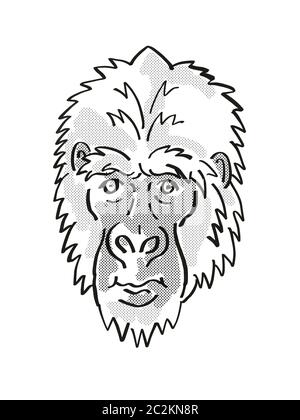 Retrò cartoon mono stile linea disegno della testa di un Gorilla orientale o Gorilla Berengei, una fauna selvatica minacciate di estinzione di specie isolato su sfondo bianco d Foto Stock