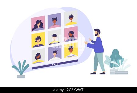 i dipendenti vettoriali parlano in videochiamata con diversi colleghi. videoconferenza a casa che ha una videochiamata con i clienti a casa. Illustrazione Vettoriale