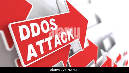 Attacco DDOS. Informazioni. Freccia rossa con slogan "attacco DOS" su sfondo grigio. Rendering 3D. Foto Stock