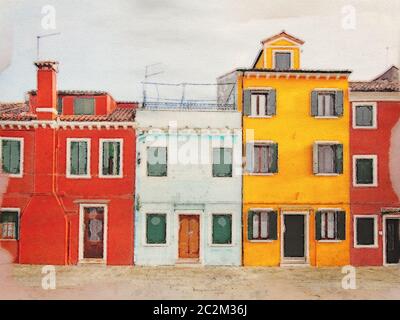 Immagine acquerello di filari di case colorate dipinte a Burano Venezia Foto Stock