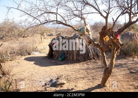 Capanna del villaggio della popolazione Hazda, Tanzania Africa. Il lago Eyasi area Foto Stock