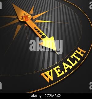 Ricchezza - Business background. Ago Golden Compass su un campo nero che punta alla parola 'ricchezza'. Rendering 3D. Foto Stock
