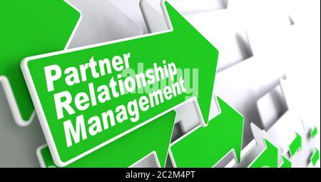 Concetto di gestione delle relazioni con i partner. Freccia verde con slogan "Partner Relationship Management" su sfondo grigio. Rendering 3D. Foto Stock