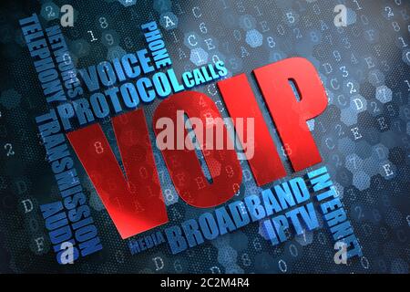 VOIP. Concetto di Wordcloud. La parola in colore rosso, circondata da una nuvola di parole blu. Foto Stock