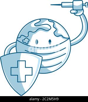 Mondo o terra in maschera protettiva che tiene scudo e siringa di vaccino lotta contro il virus Corona, concetto di lotta contro il virus Illustrazione Vettoriale