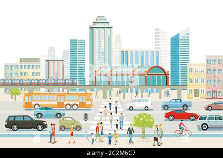 Grande città con stazione ferroviaria, autobus, e attraversamento pedonale Foto Stock