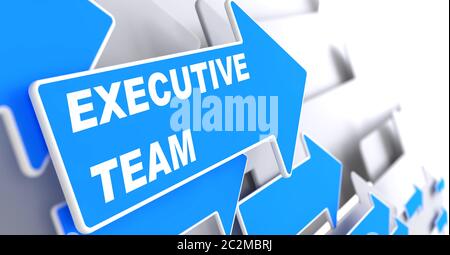 Team esecutivo. Freccia blu con slogan "Executive Team" su sfondo grigio. Foto Stock