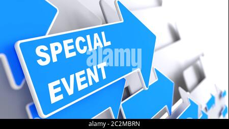 Evento speciale. Freccia blu con slogan "evento speciale" su sfondo grigio. Foto Stock