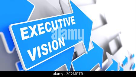 Visione esecutiva. Freccia blu con slogan "Executive Vision" su sfondo grigio. Foto Stock