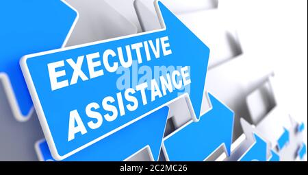 Assistenza esecutiva. Freccia blu con slogan "Executive Assistance" su sfondo grigio. Foto Stock